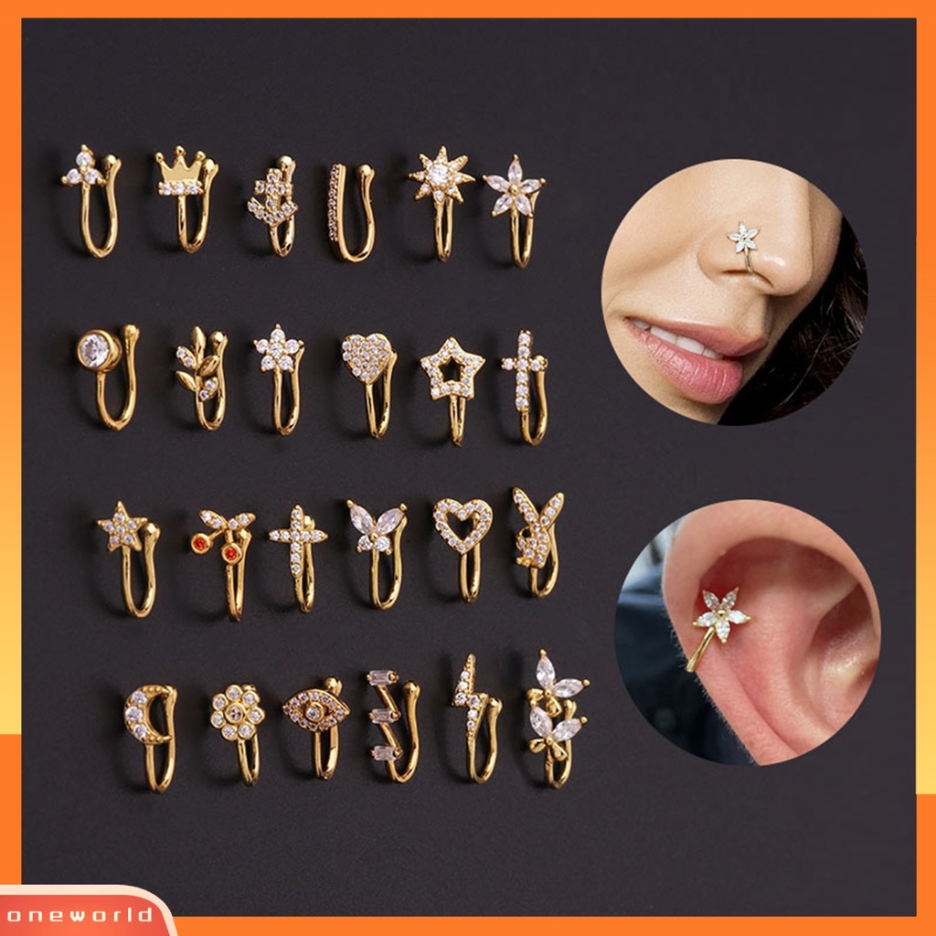 [oneworld] Klip Tindik Hidung Eye-catching Bentuk U Tembaga Cubic Zirconia Multi--style Shiny Ear Cuff Nose Stud Untuk Pakaian Sehari-Hari