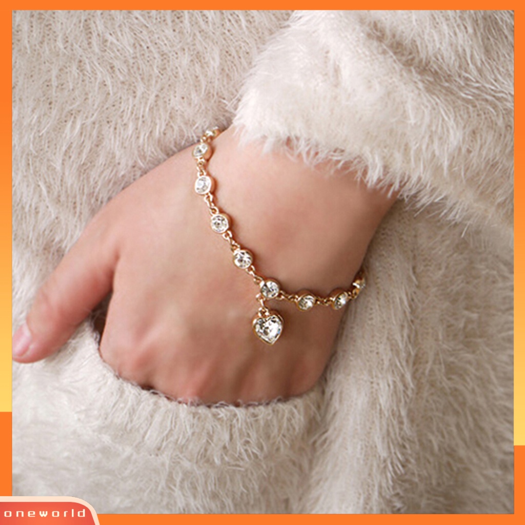 {oneworld} Gelang Bentuk Hati Desain Berlian Imitasi Bahan Alloy Wanita Gelang Rantai Untuk Pakaian Sehari-Hari