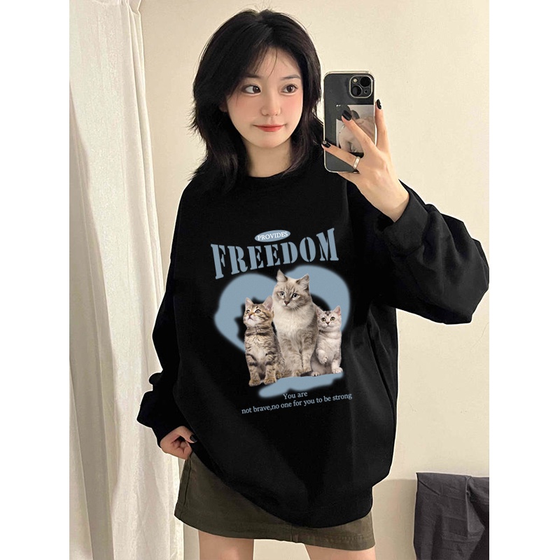 Kaos Stasan Wanita Oversize Couple Sweater American Vintage Cartton Cat Cartoon Graphic Priting Top Kekinian Casual Sweater