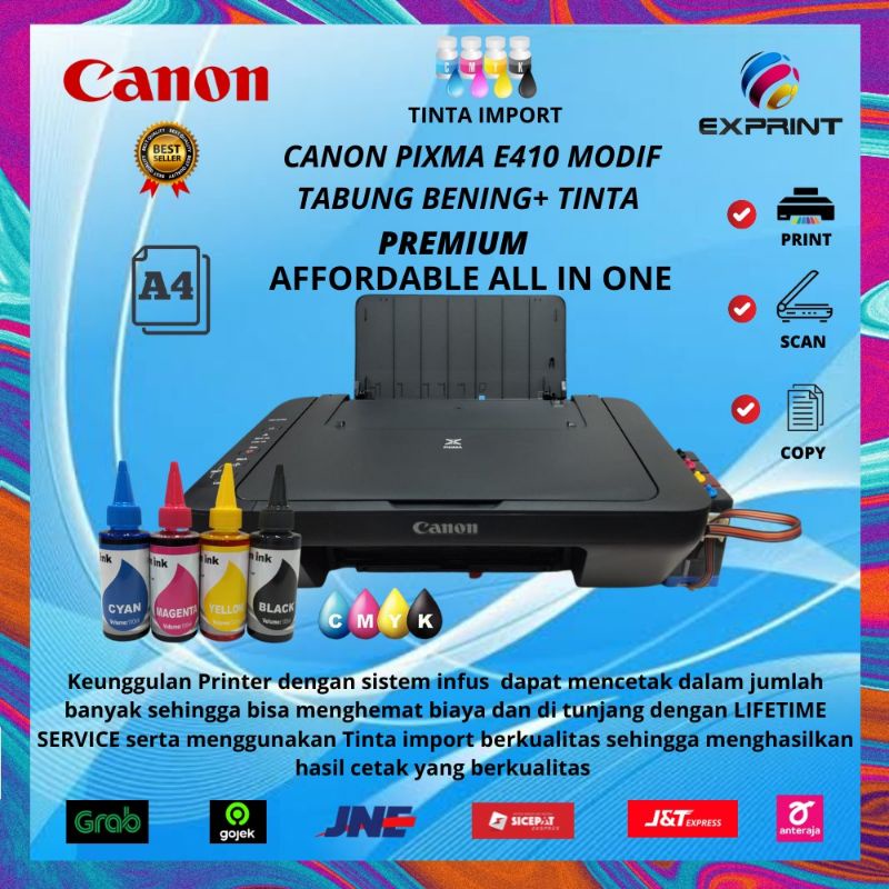 Printer Canon Pixma E410 Print Scan Copy Infus Tabung Bening+Tinta Premium Import