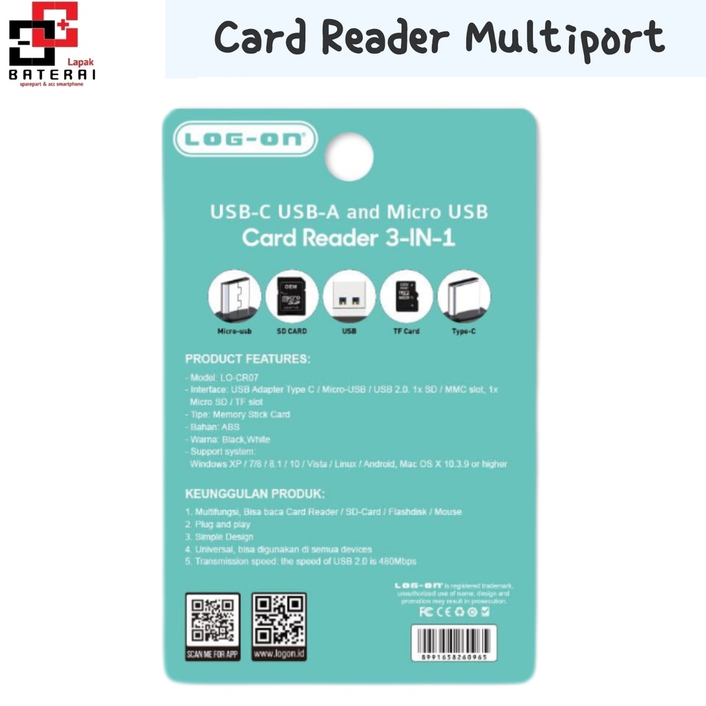 LOG - ON CR07 Card Reader OTG 6 IN 1 Usb C | Usb A | Micro Usb | Memory Card Reader | SD Card Reader | Carider