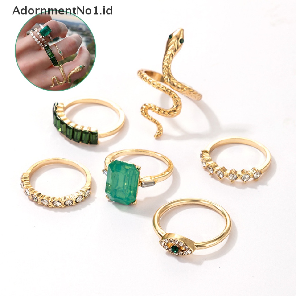 [AdornmentNo1] 6pcs/set Cincin Ular Berlian Imitasi Hijau Untuk Wanita Vintage Perhiasan Kristal [ID]