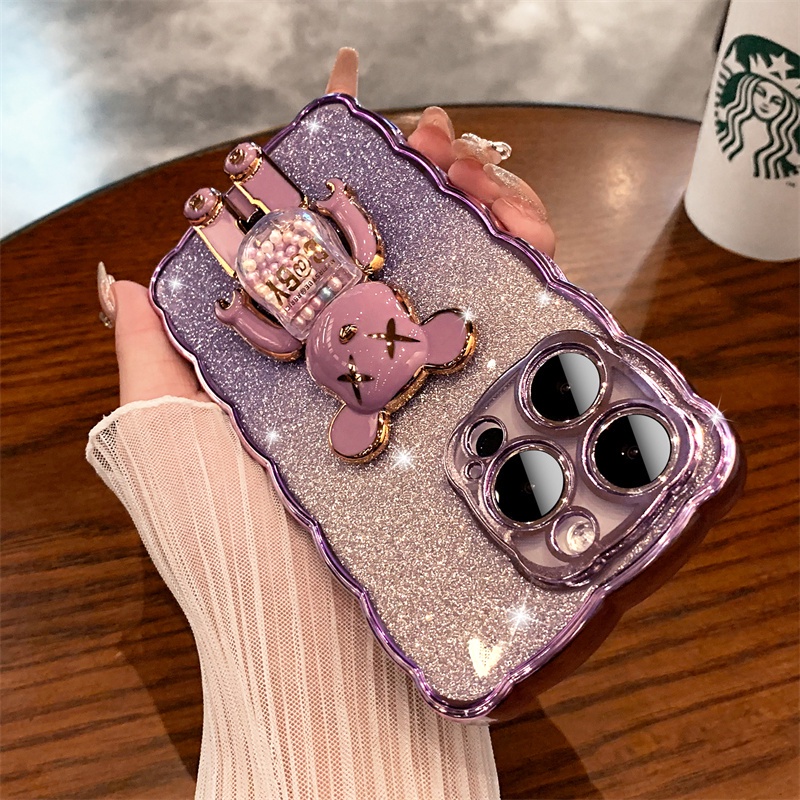 Luxury fun cartoon bear stand case iphone 14 pro max case iphone 13 12 11 pro max xs max XR 7plus/8plus premium aesthetic flashing fully enclosed shockproof TPU shockproof protection soft case