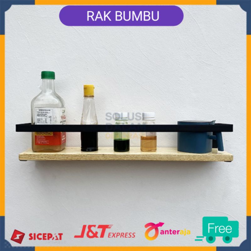 BUMBU Rak Dinding Tempel Gantung Dapur Besi Dan Kayu vintage minimalis