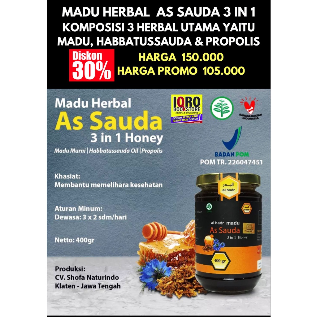 

MADU HERBAL AS SAUDA 3 IN 1 | MADU, HABBATUSSAUDA | PROPOLIS | BISA COD