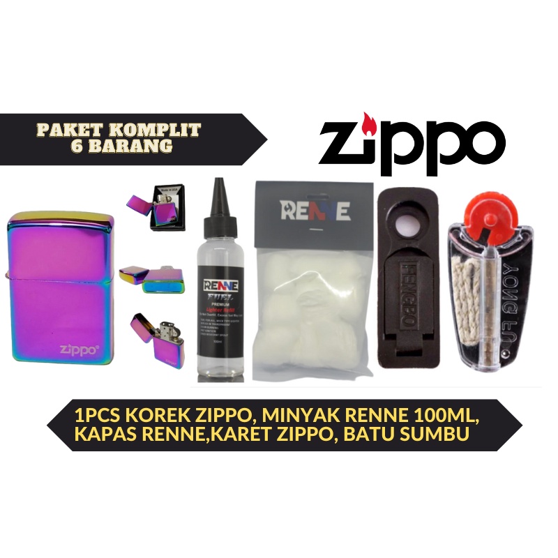 Paket Lengkap Korek Zippo Rainbow plus minyak kapas batu sumbu karet tutup zippo