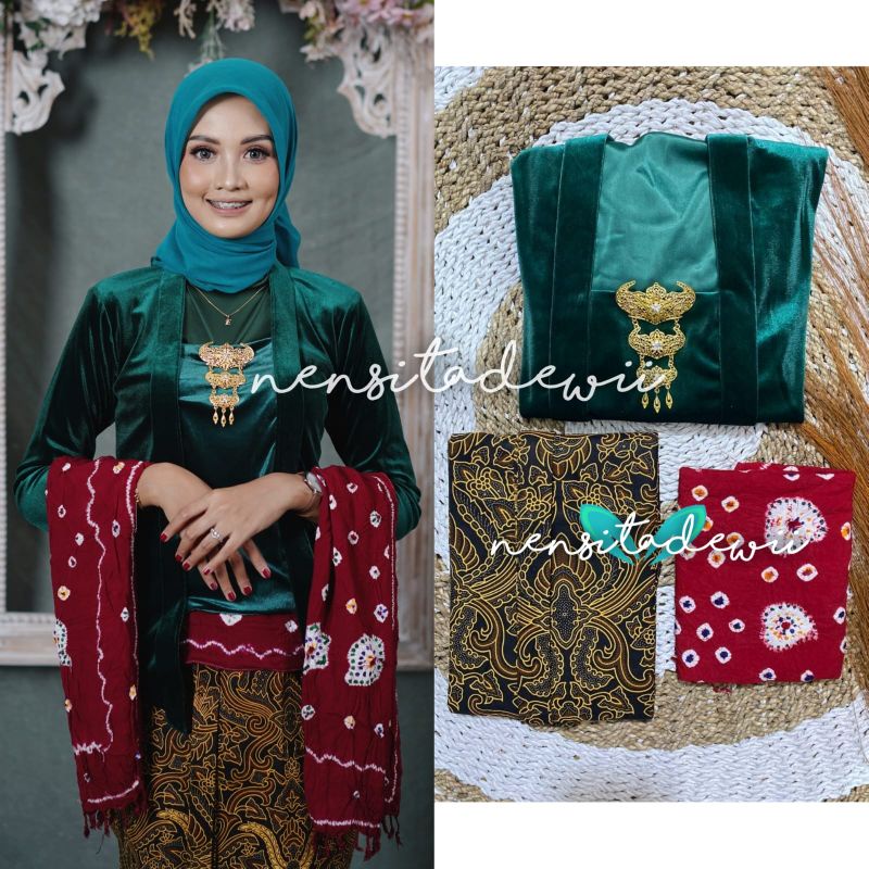 [1 Set, DH01C] Kebaya Kutubaru, Jarik Instan + Selendang Jumputan / Nuansa Hijau Botol