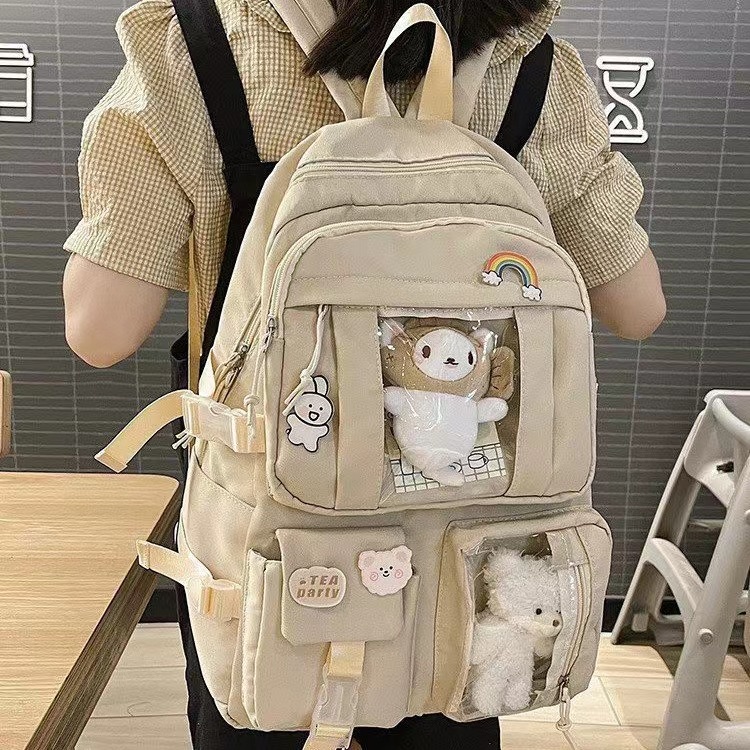 BA2207 Tas Ransel sekolah anak SD SMP SMA dengan 2 boneka dan pin hiasan size besar muat banyak Tas Ransel Korea Fashion Import / TAS RANSEL IMPORT WANITA ALA KOREA BACKPACK IMPORT TAS SEKOLAH KULIAH KERJA REMAJA