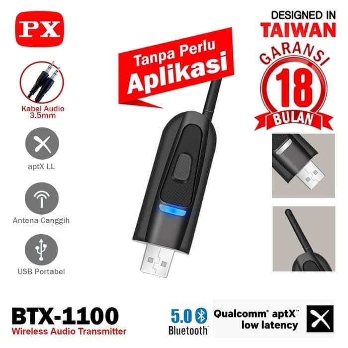 Konektor Bluetooth Usb Tanpa Driver Transmitter Audio 5.0 Hd Stereo Px-Btx-1100