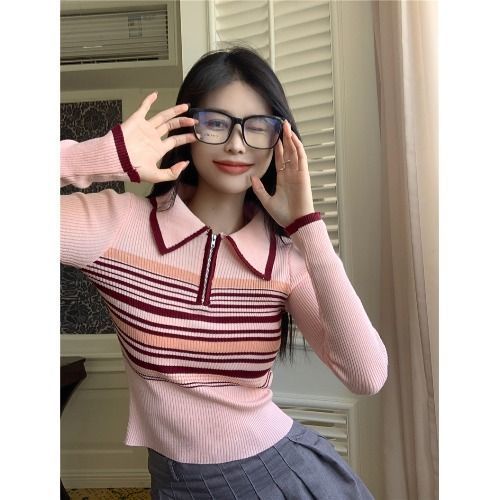 YIU YIU Rajut - Baju Rajut Wanita Lengan Panjang Stripe Sweater Wanita Korea