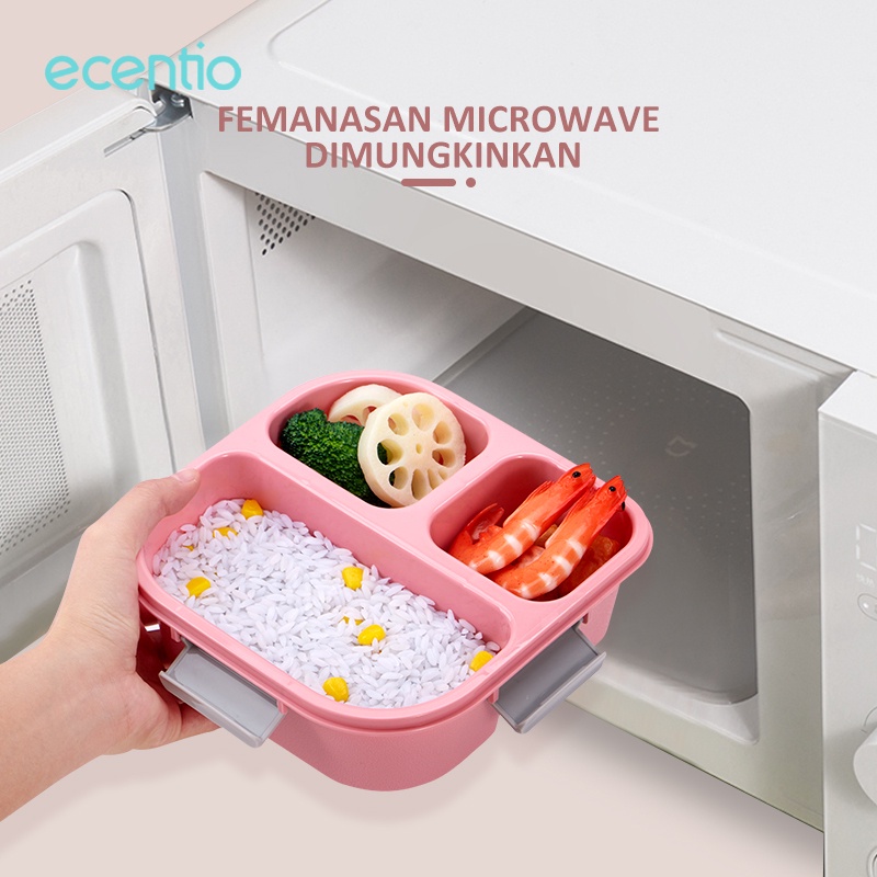 ecentio Kotak Makan 3 Grid 1100ml Anti Tumpah Kotak Bekal Kotak Sup 100ml Free Sendok Lunch Box