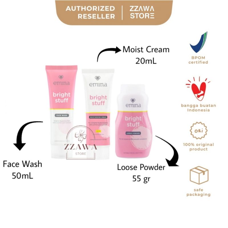 EMINA Paket Hemat 3pcs - Face Wash 50mL + Moisturizer Cream 20mL + Loose Powder 55 gr BPOM