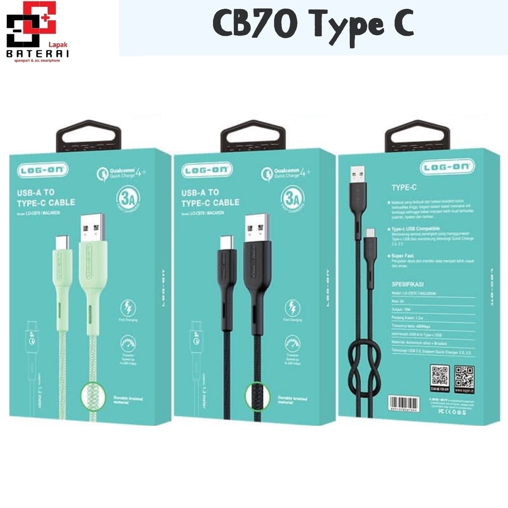 LOG - ON CB70c Kabel Data 120cm Type C Fast Charging 3A / Qualcomm Quick Charger 4 Plus