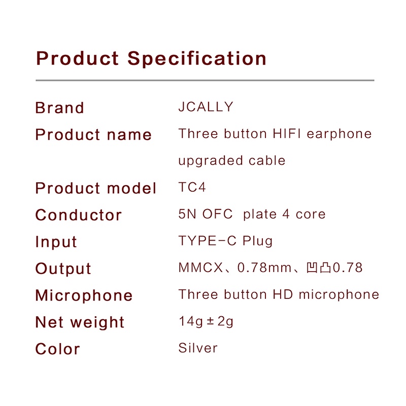 Jcally TC4 Kabel Earphone USB TYPE C 4bagai Tembaga Bebas Oksigen Tipe-C Dengan Mikrofon headset upgrade Kawat MMCX QDC ZSN