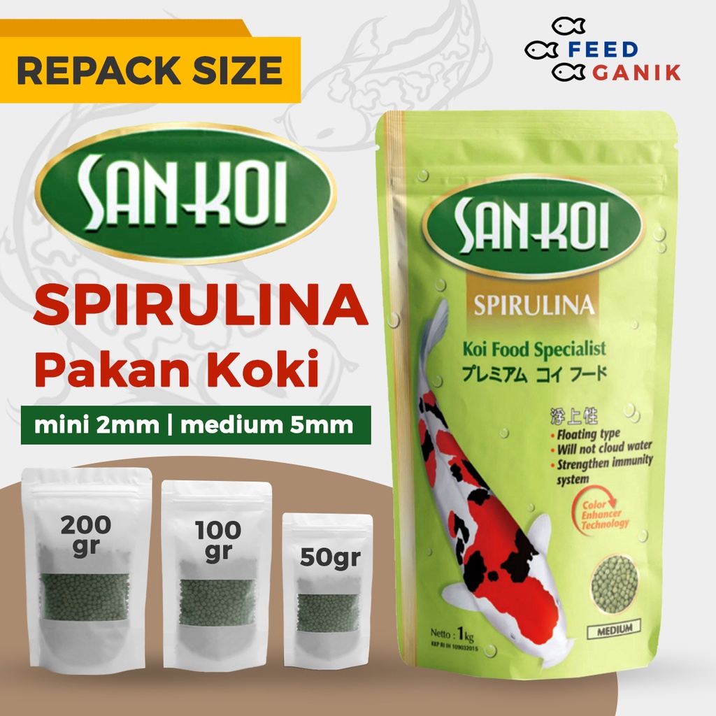 SANKOI SPIRULINA KOI Pelet REPACK Small Medium | Pakan Pelet Ikan Koi 50gr 150gr 250gr | pelet ikan 