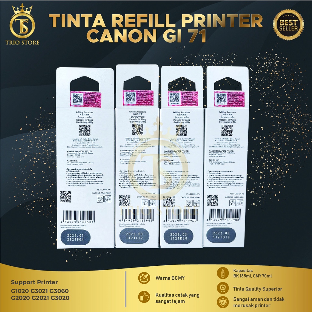 1 SET 4 PCS Tinta Canon Gi 71 For Printer G1020 G2020 G2021 G2060 G3020 G3021