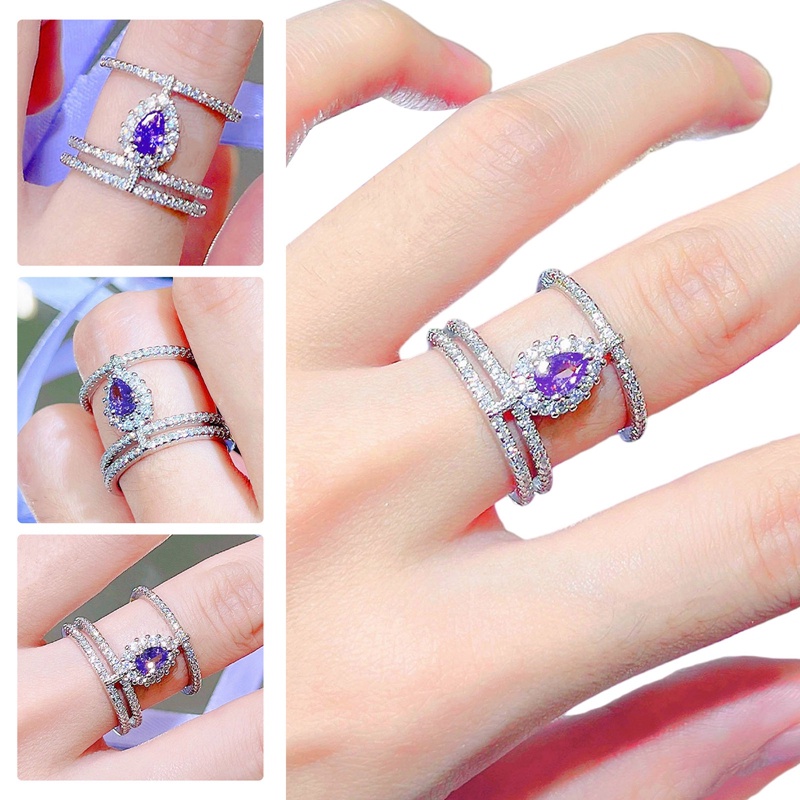 Cincin Dek Ganda Halus Hias Ungu Tetesan Air Zirkon Unik Kreatif Adjustable Perhiasan Untuk Wanita Hadiah Tunangan Pernikahan