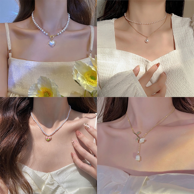 Kalung Tulip Mutiara Elegan Untuk Wanita Fashion Hati Kupu-Kupu Liontin Choker Aksesoris Perhiasan