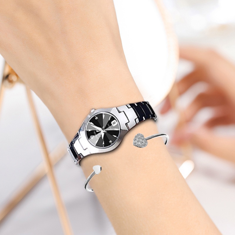【Jam+Gelang+Box】Jam Tangan Wanita Hitam Original Berlian Anti Air Analog Bisnis Kuarsa Jam Tangan Cewek（Gratis Gelang + Kotak）