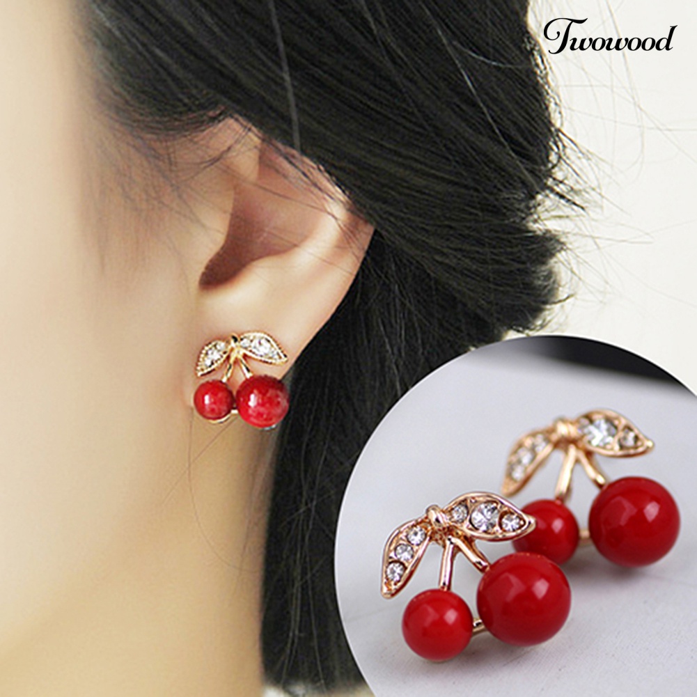 Duakayu Wanita Merah Cherry Bening Berlian Imitasi Telinga Studs Beads Golden Alloy Leaves Earrings