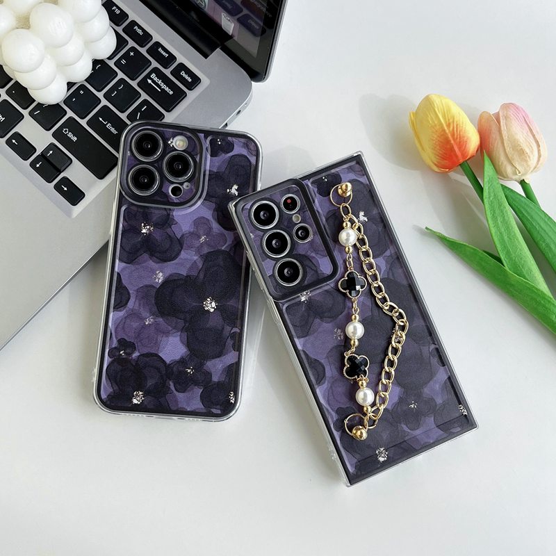 Black Purple Flowers Bracelet Soft Case Samsung Galaxy A30 A20 A50 A30S A50S A20S A11 A31 A51 A71 A12 A22 A02 A02S A32 A52 A13 A23 A33 A53 A72 A73 A03 4G 5G Nice Casing