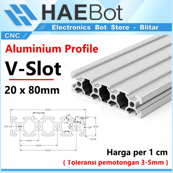 [HAEBOT] Aluminium Profile V Slot 2080 20x80 AP2080 Alumunium Profil Frame CNC Extrusion Mini Kerangka Mekanik Series 20mm x 80mm 3D Printer 1 cm