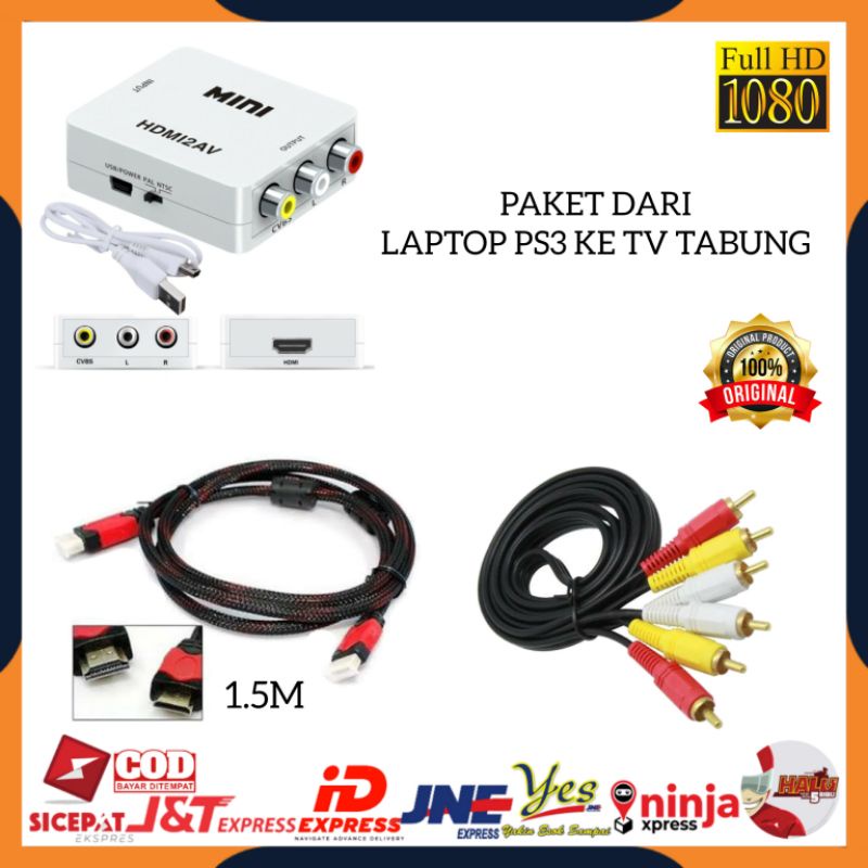 [COD] PAKET LENGKAP DARI LAPTOP PS3 SET TOP BOX KE TV TABUNG / CONVERTER HDMI TO AV RCA HDMI2AV ADAPTER / KABEL RCA 3 KE 3 / KABEL HDMI 1.5 METER