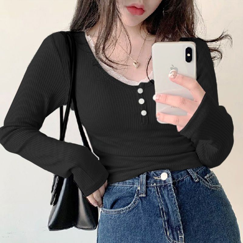Red Amyway girly milky blue lace stitching round neck button T-shirt Atasan ramping lengan panjang yang simpel dan serbaguna