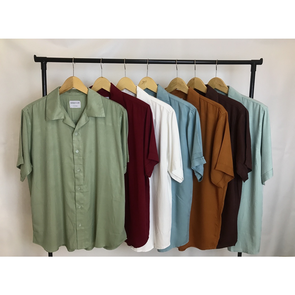 Kemeja Rayon Polos Lengan Pendek  Pria Wanita Premium Kemeja hijau sage