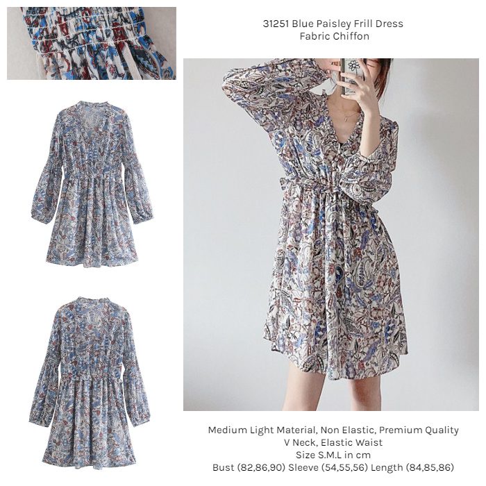 31251 Dress Wanita Biru Sifon Lengan Panjang