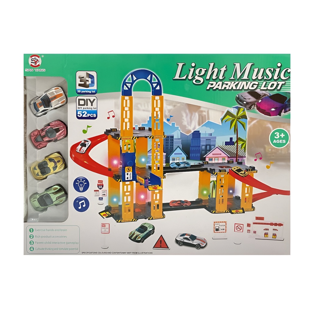 Light Music Parking Lot 52pcs | Mainan Anak Laki Laki Mobil Mobilan | Permainan Keluarga | Hadiah Ulang Tahun Anak Laki Laki