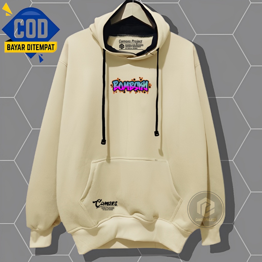 Hodie cowok terbaru 2023 warna cream sablon bombsky Hoodie pria distro keren 2023 ori tebal Sweater pria bahan tebal dan lembut Jaket Switter Aesthetic Grafitty