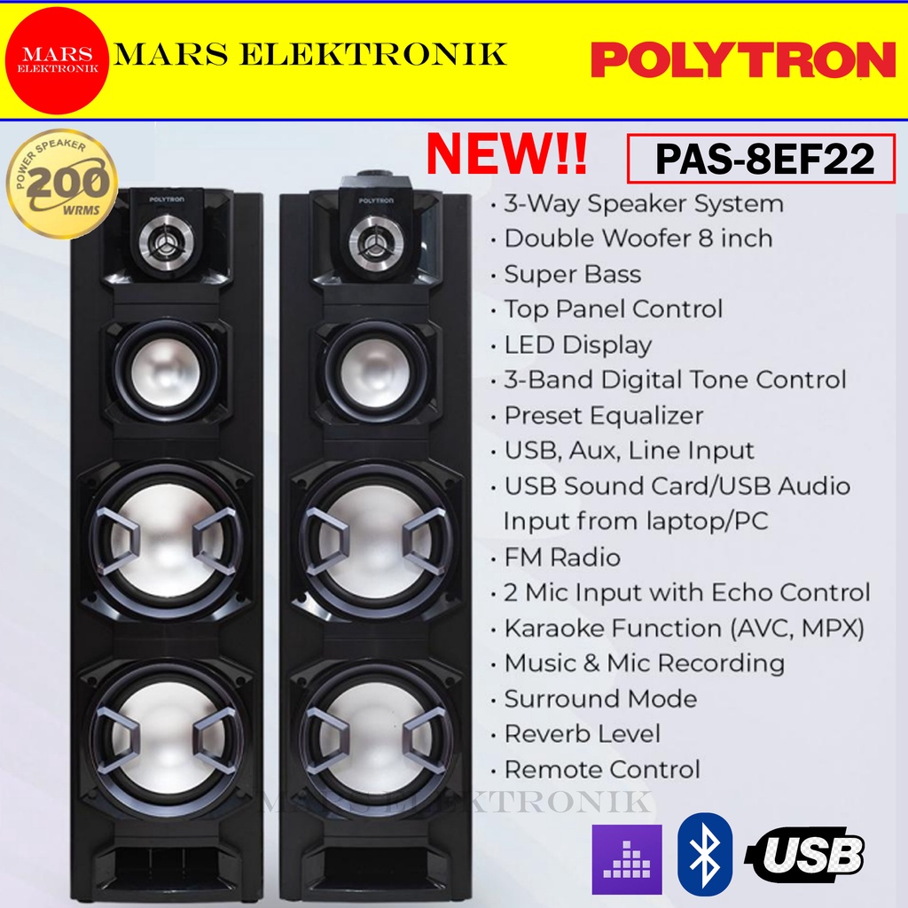 SPEAKER ACTIVE POLYTRON PAS-8EF22 / NEW - BIG DOUBLE WOOFER - BLUETOOTH / PAS 8E22 / READY / FREE ONGKIR MEDAN