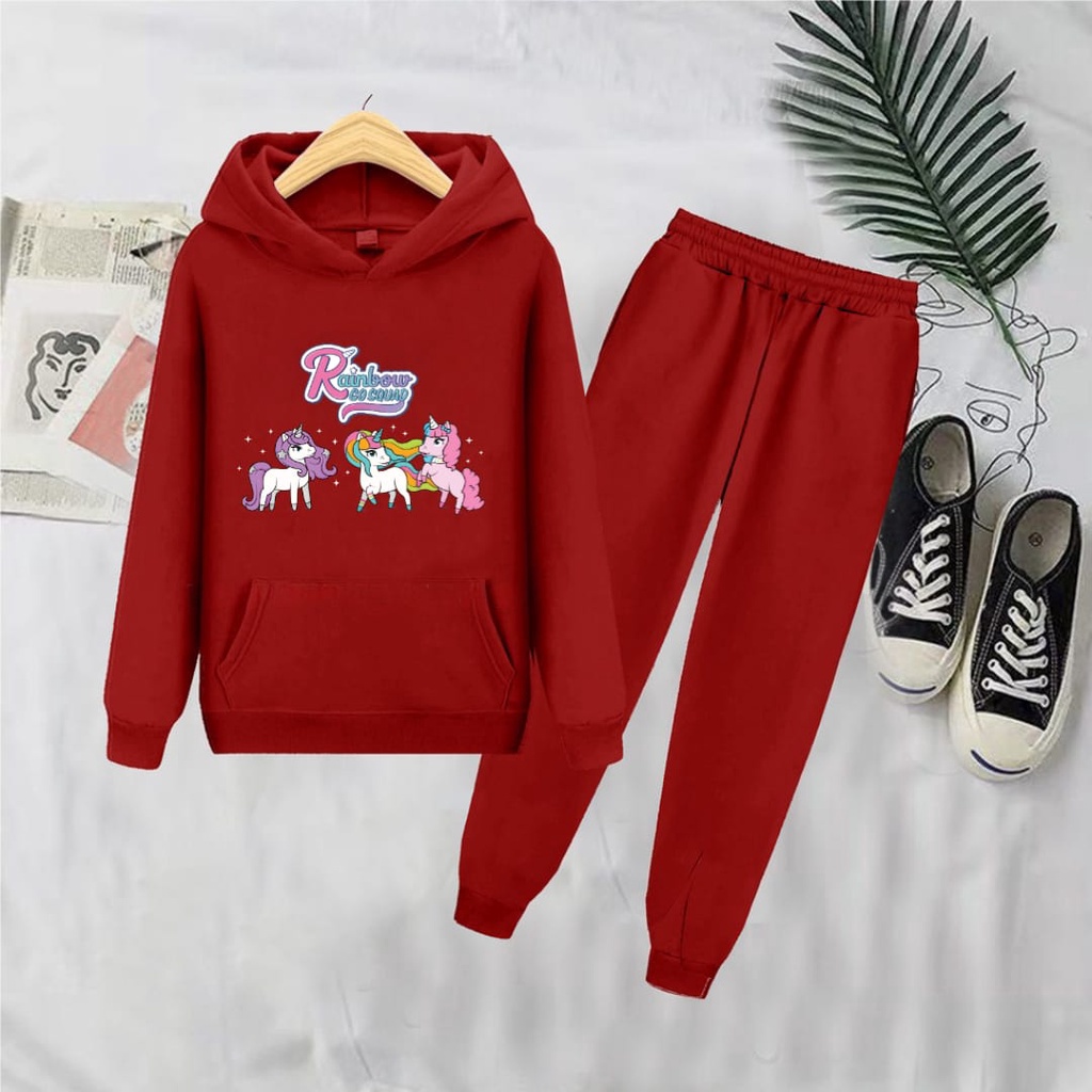 Hzl_outfit Setelan Sweater Anak Perempuan Rainbow Go Squad/ Sweater Setelan Hoodie Anak