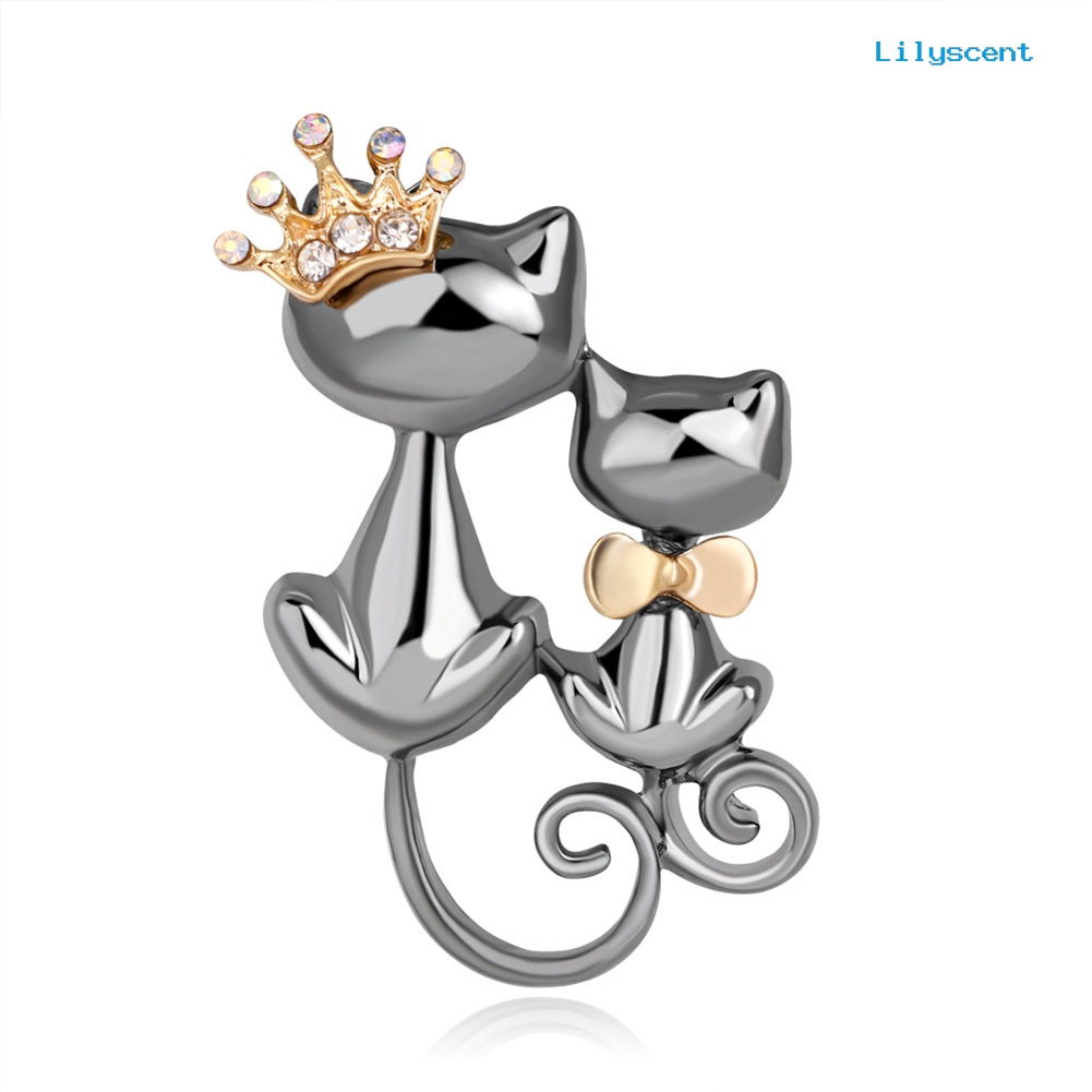 [LS] Fashion Perhiasan Berlian Imitasi Mengkilap Lucu Kucing Ganda Kitten Crown Bros Pin Hadiah