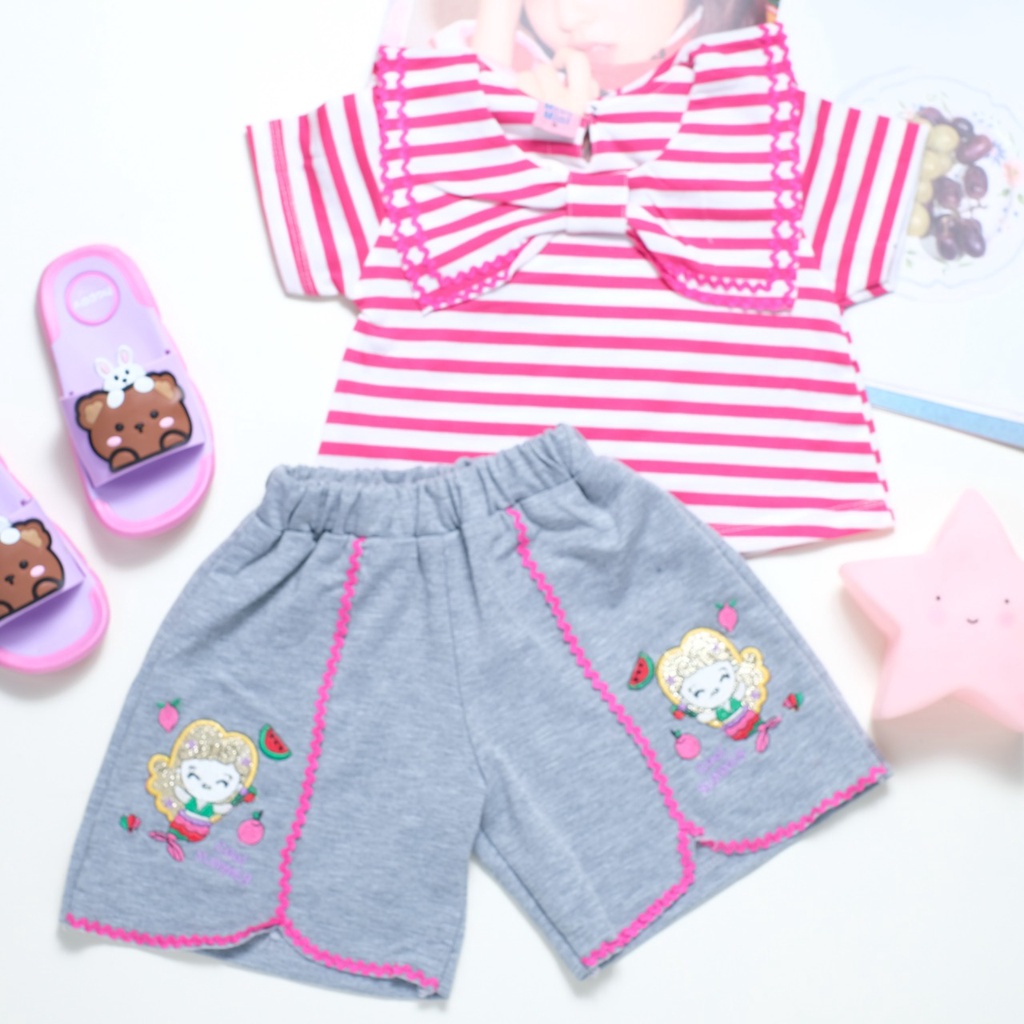 Setelan Ellen uk 1-9 Tahun / Set Anak Perempuan Kaos Salur Kualitas Import Korean Style Baju Anak Cewek Kiosbalitaaprillia