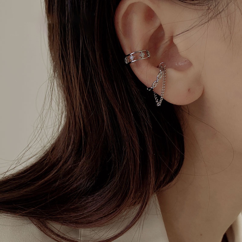 Set Anting Rantai Rumbai Warna Silver Gaya Korea