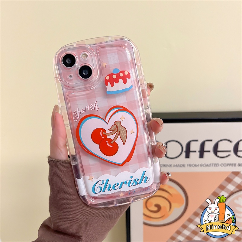 IPHONE Casing Kompatibel Untuk Iphone14 13 12 11 Pro Max X Xr Xs Max SE 8 7 6 6s Plus Motif Cherry Love Cek Merah Muda Casing Ponsel Airbag Penebalan Shockproof Soft Case Cover Pelindung