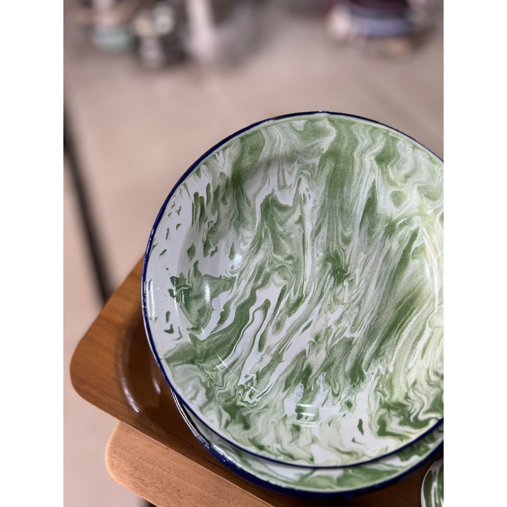 Piring Enamel Hijau 20cm (1) Piring Seng Kaleng Blirik Lurik Lorek Loreng Jadul Kuno Antik Hijau 20c