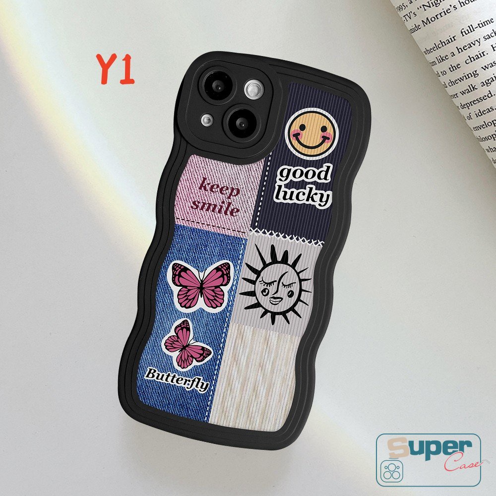 Casing Hp Redmi 10C 9T 9 9A 9C 10 10A A1+Redmi Note10 10S 10 Pro Max 11 10 8 9 11S 11Pro POCO X3 NFC Pro M3 Mi 11T Wavy Edge Cowboy Splicing Smiley Butterfly Label Soft Sarung