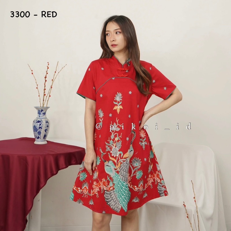 Dress batik merah / dress cheongsam batik / dress cheongsam murah / dress batik cny qipao 3300 3203