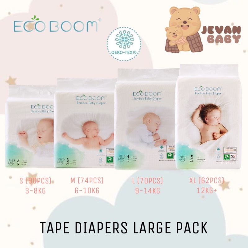 ECO BOOM Bamboo Diapers Tape S90 M74 L70 XL62 / Popok Pampers Bambu Perekat Ramah Lingkungan