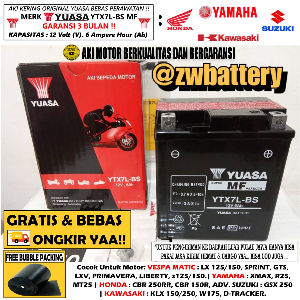 Aki Motor Vespa LX 125, Liberty, Kawasaki KLX 150-250 YUASA YTX7L-BS MF 6Ah