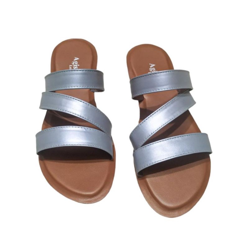 silver sandal kulit sapi asli warna silver cocok untuk semua warna kaki sandal slop slip sandal sandal teplek wanita sandal kulit sukaregang garut