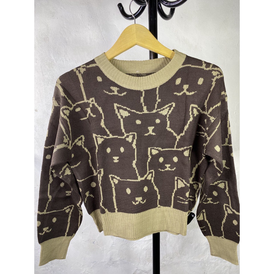 Neko Sweater Rajut Crop Top Motif Kucing Model Pendek