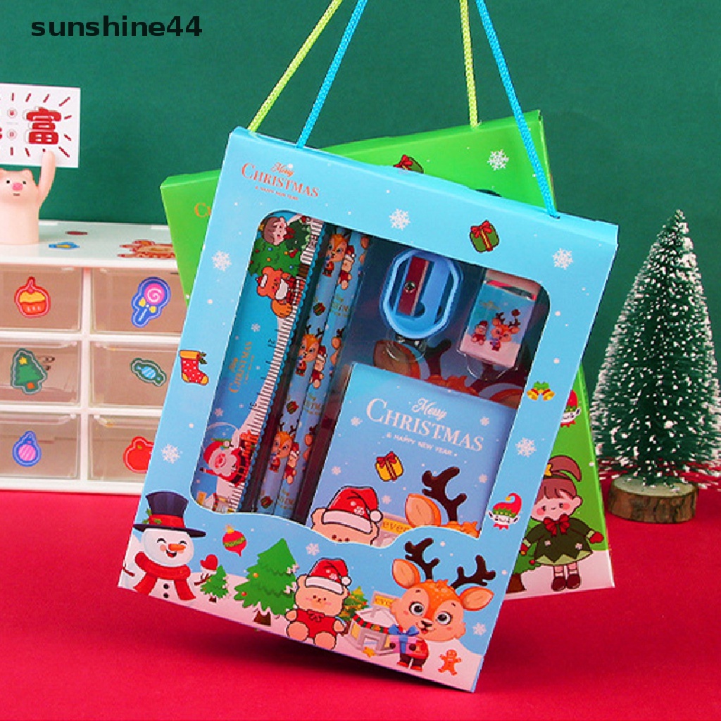 Sunshine 6PCS/Set Christmas Series Kids Stationery Festival Pensil Dengan Penggaris Karet Dan Pengasah Pensil Hadiah Natal Alat Tulis Belajar Perlengkapan Sekolah.