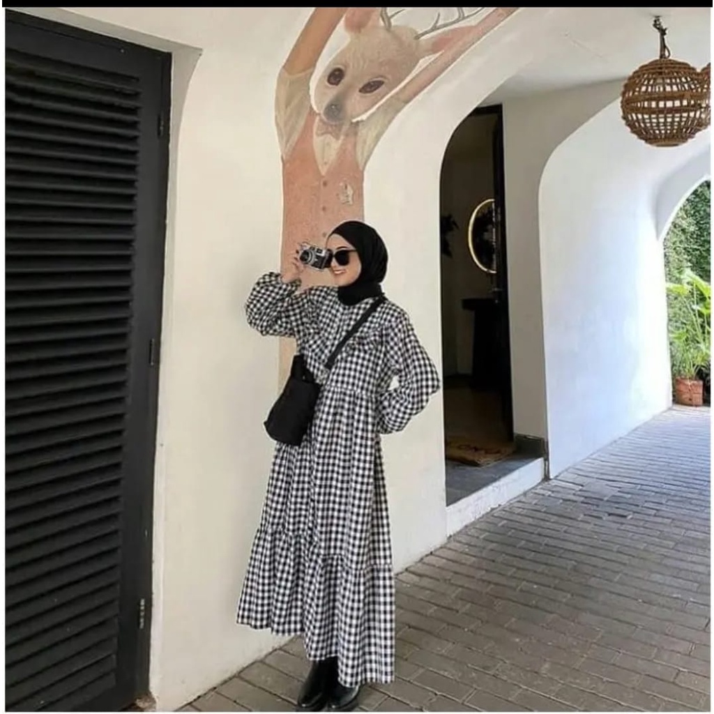 tarta midi dress katun | Midi dress kotak | gamis kotak kotak terbaru | gamis wanita