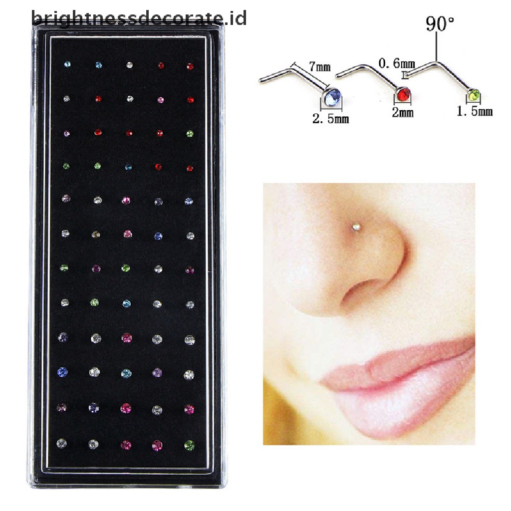 [Birth] 60pcs/set Stainless Steel CZ Kristal Bentuk L Cincin Hidung Body Stud [ID]