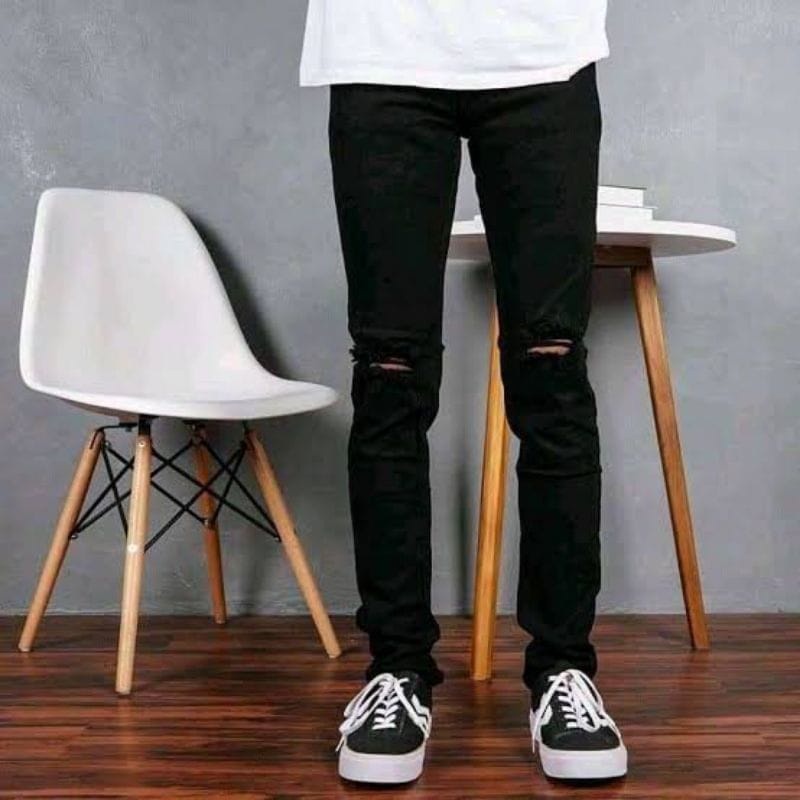 Celana jeans sobek lutut pria ripped jeans soft jeans pensil skinny Stretch melar