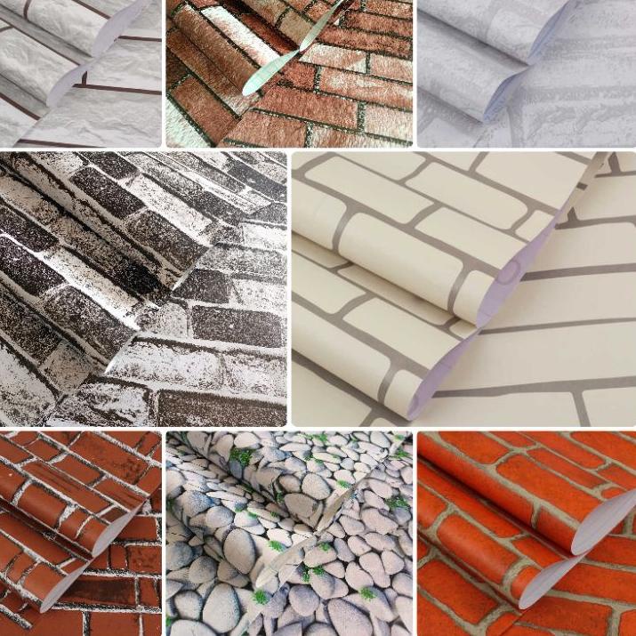 FAA249 Wallpaper Dinding Sticker Dinding Batu Bata Pink Biru Hitam Putih Merah Coklat Abu-abu Merah 